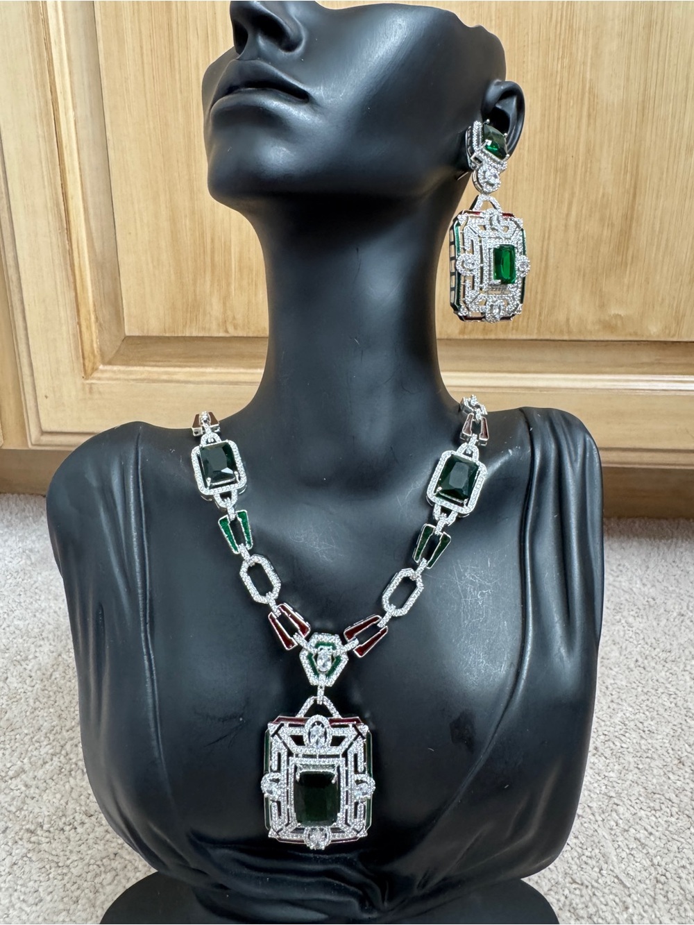 Emerald Green Crystal Statement Necklace & Earrings Set